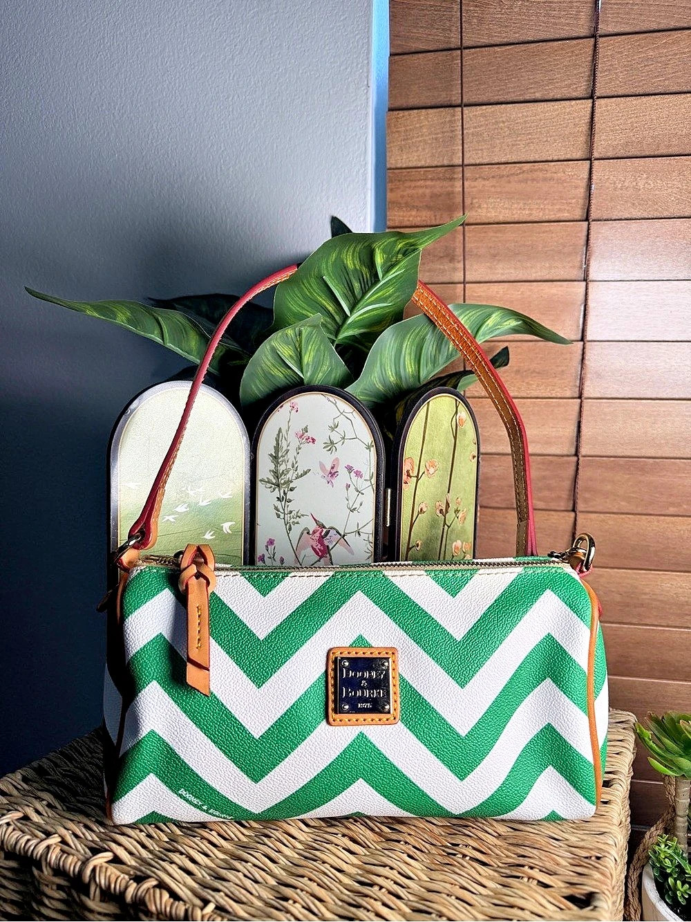 Dooney & Bourke Chevron Barrel Bag Green & White Shoulder Bag